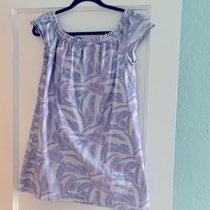 Palm leaf pattern with blue, teal and pink. Have second available in small